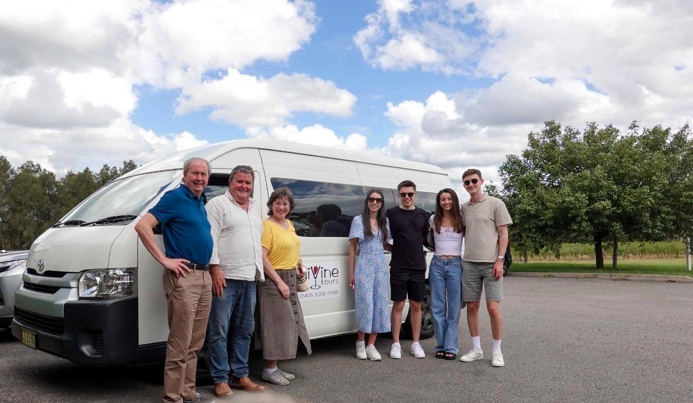 A family with the DiVine Tours van in the Hunter Valley