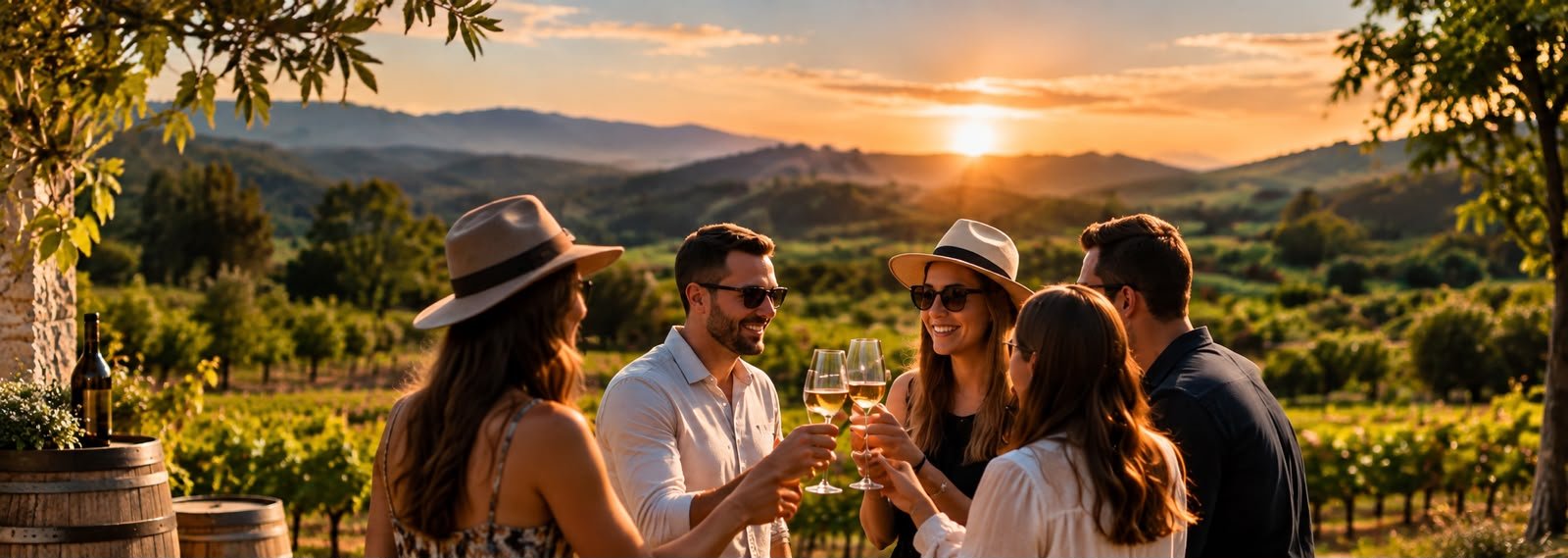 Friends toasting wine glasses at sunset in the Hunter Valley